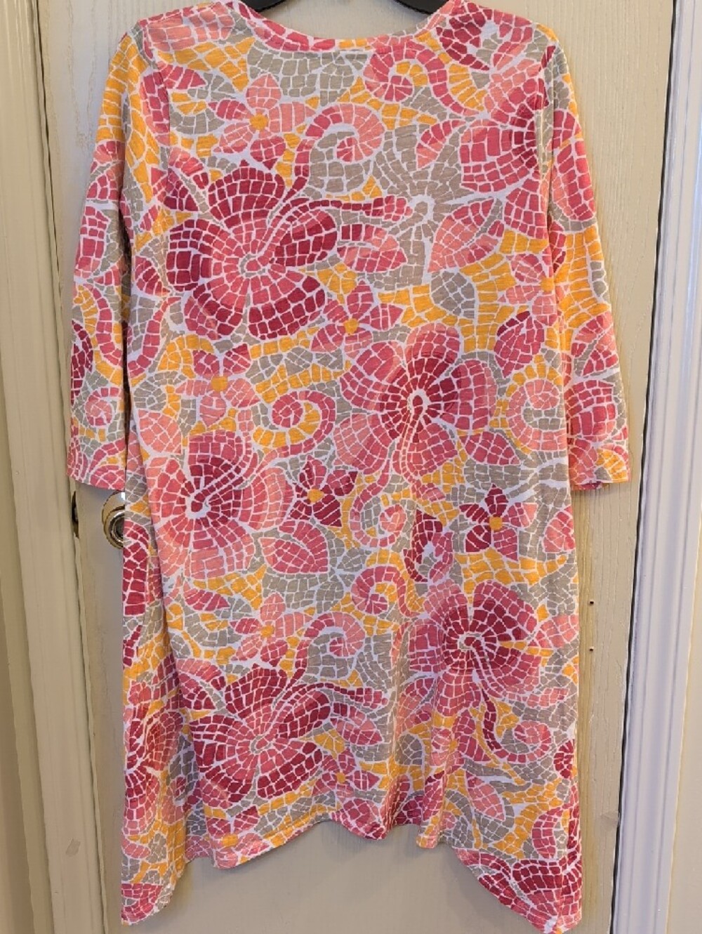 Caribbean Joe Floral Mosaic Cotton Dress 1X Pink Yellow Shark Bite Hem Tunic Top - Picture 5 of 6